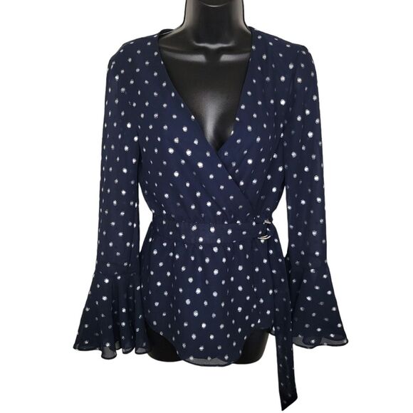 Saks Fifth Avenue navy blue & silver wrap top size XS - Picture 1 of 8
